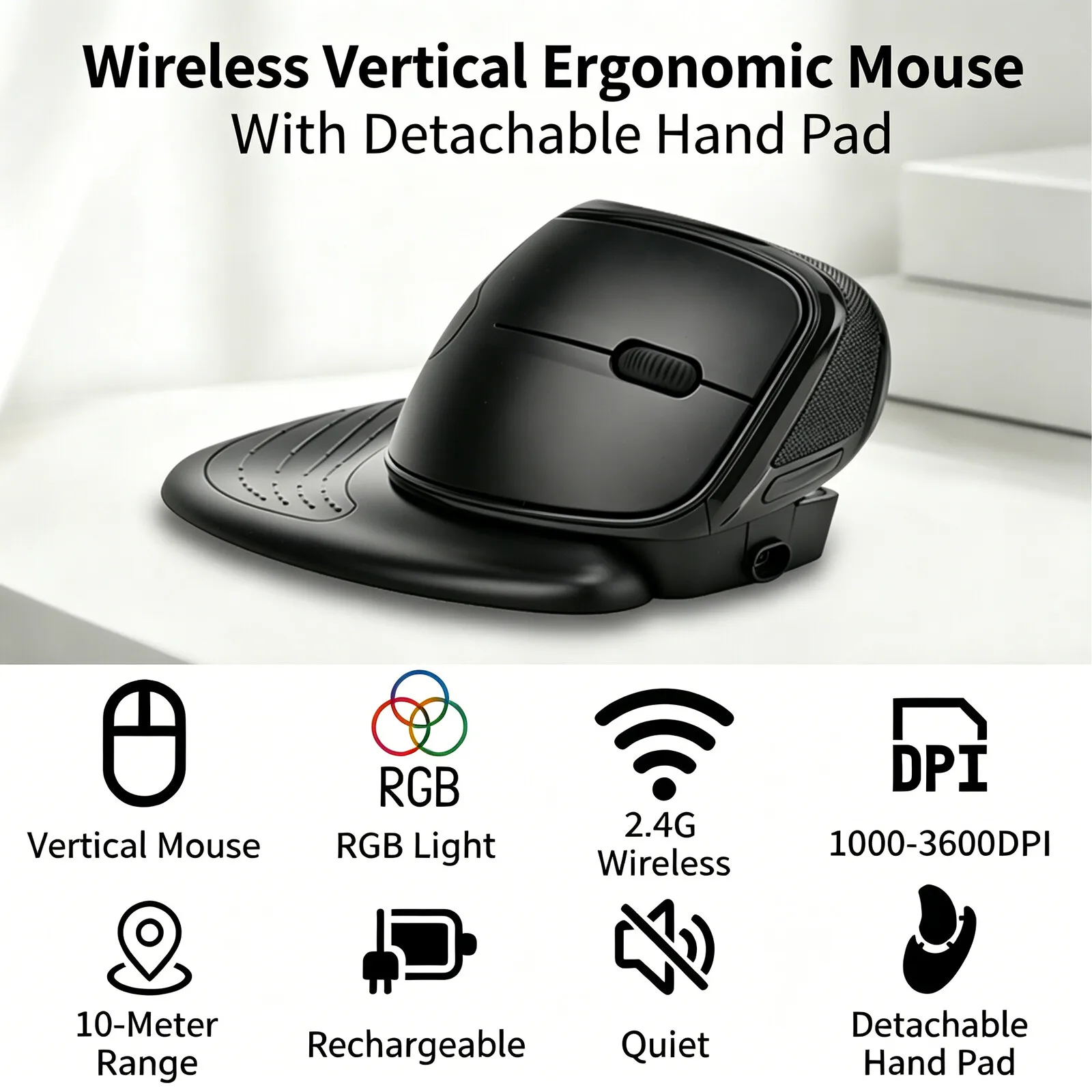 2.4G Wireless Vertical Ergonomic Mouse With Detachable Hand Pad Type-C Fast Charging Quiet RGB Light Mice For Windows Mac Linux