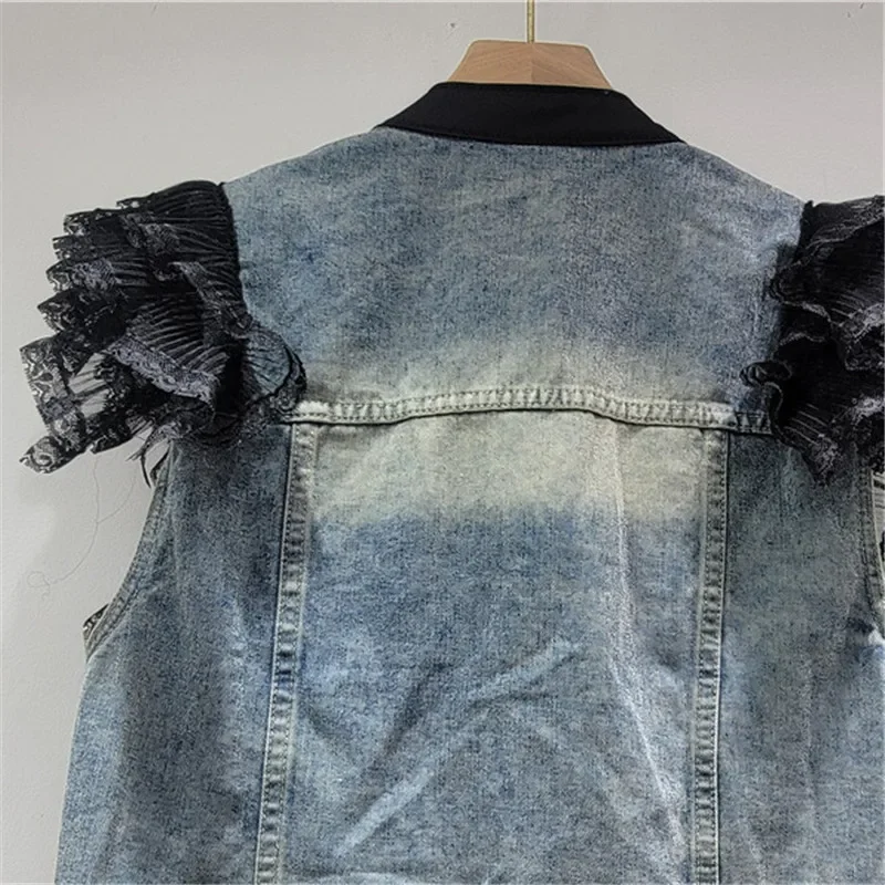 Koreanische Mode Spitze Patchwork Blau Kurze Denim Weste Frühling Frauen Neue Perlen Diamant Turndown Kragen Ärmellose Cowboy Weste