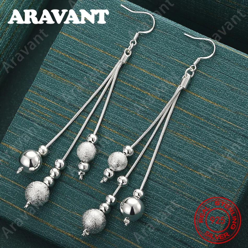 

925 Sterling Silver Matte Frosted Beaded Drop Earrings For Women, Commuter Accessories, Christmas Gifts, Jewelry