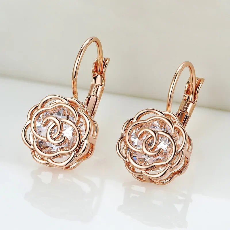 2021 Elegant Hanging Camelia Rose Flower Dangle Earrings For Women With Environmental Alloy Anti-Allergy #RG86713