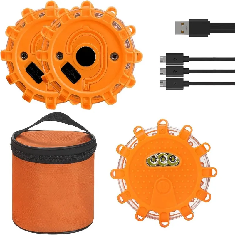 

3 Pack LED Road Flares Emergency Lights USB Rechargeable Roadside Warning Safety Disc Magnetic Base Flashing Flare Kit for Car