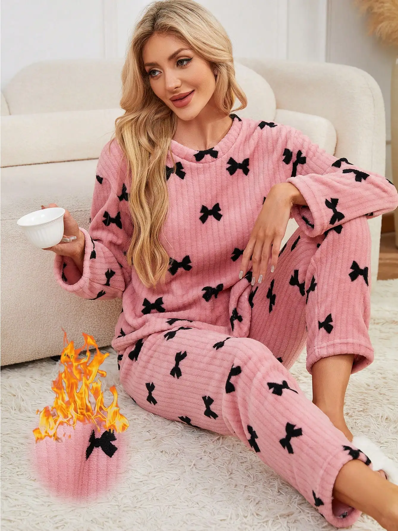 

Pink Bow Print Fluffy Pajama Set - Long Sleeve Top & Pants, Cozy Corduroy Sleepwear for Women