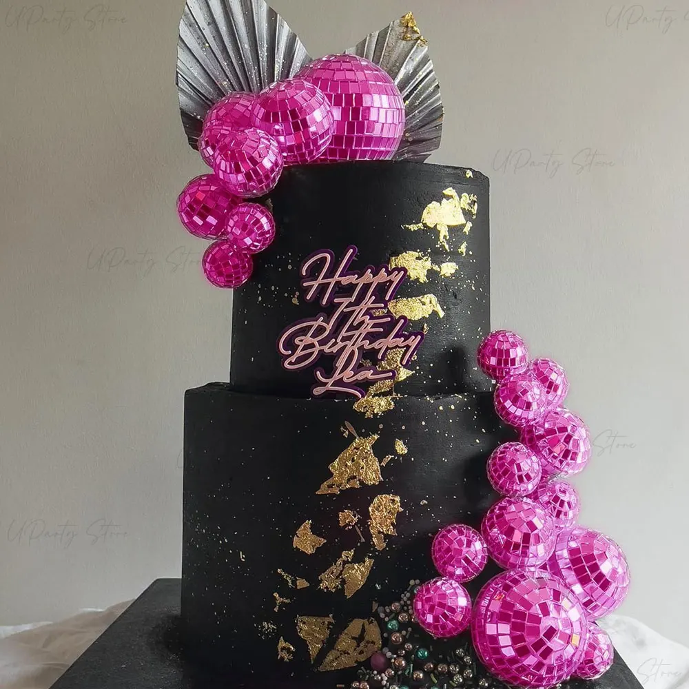 10pcs Hot Pink Disco Balls Cake Toppers 2-5cm Mirror Rose Pink Disco Balls Picks for Birthday Disco Birthday Party Cake Decor