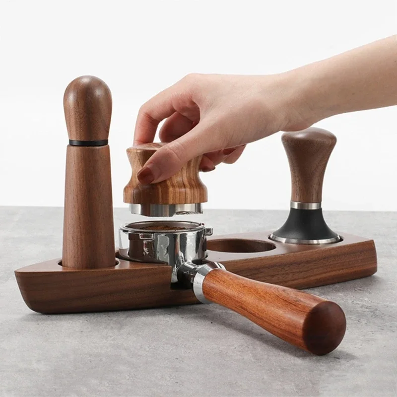 51/53/58mm Walnut Coffee Filter Tamper Holder Station Boat Shape 4 Slots Anti Slip Stand Wooden Base Espresso Accessories