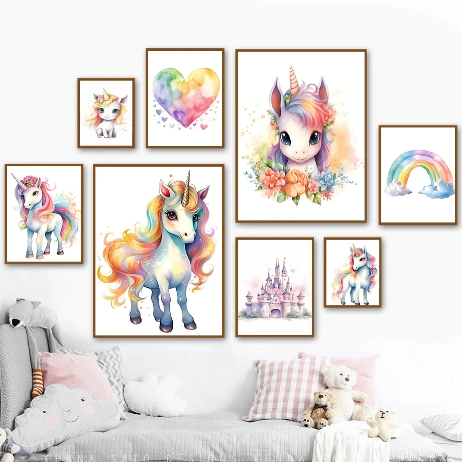 Rainbow Unicorn Colored Sun Castle Children's Gift Watercolour Wall Art Canvas Painting Nordic Poster Girls Kindergarten Decor