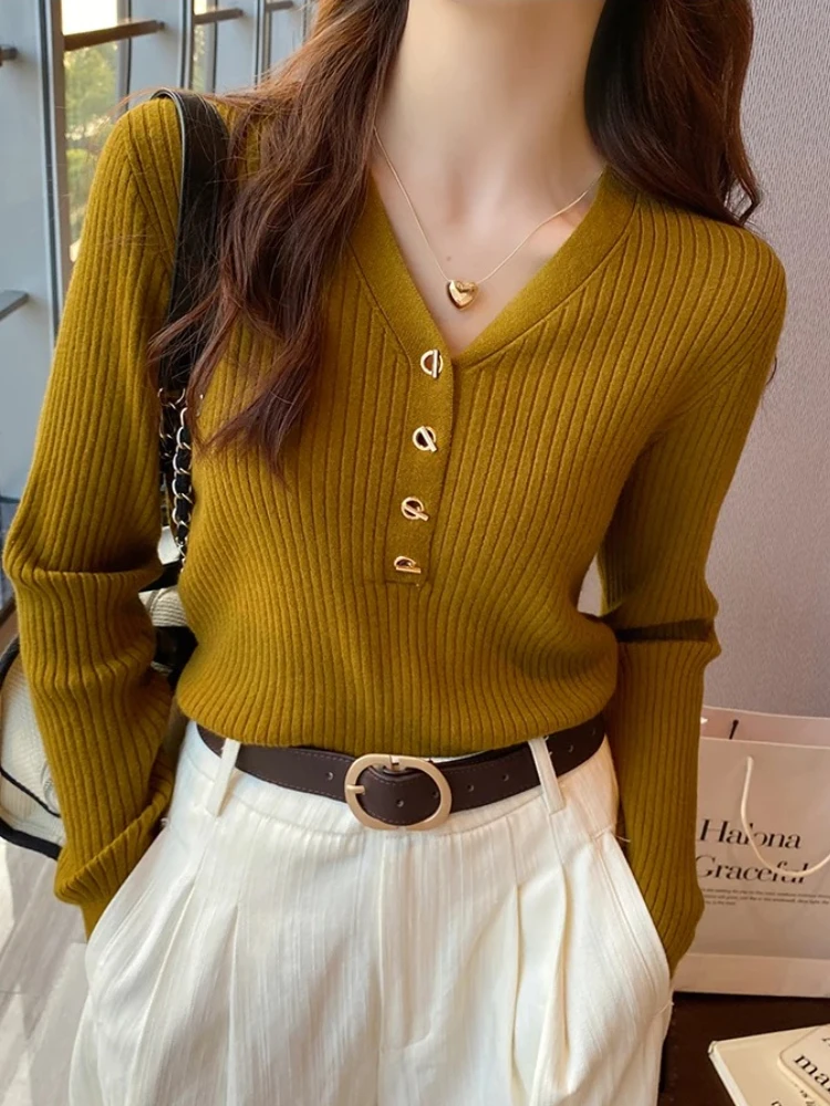 2025 عادية سليم زر بلوفر مغزول الخريف الشتاء النساء البلوزات سترة فام الأساسية الصلبة جيرسي القمم موضة الملابس