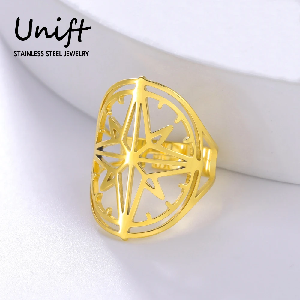 Unift Gold Plated Viking Compass Ring Women Men Adjustable Stainless Steel North Star Ring Fashion Courage Jewelry Party Gift