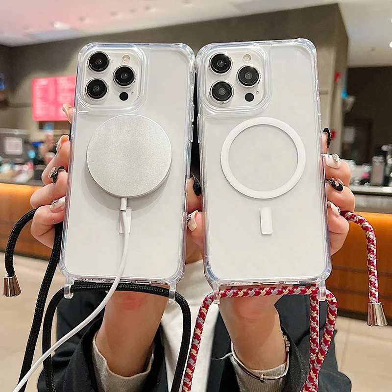 Shockproof Transparent Magnetic Case for iPhone 16 15 13 11 14 12 Pro Max Wireless Charging Diagonal Hanging Rope Protect Cover view 2