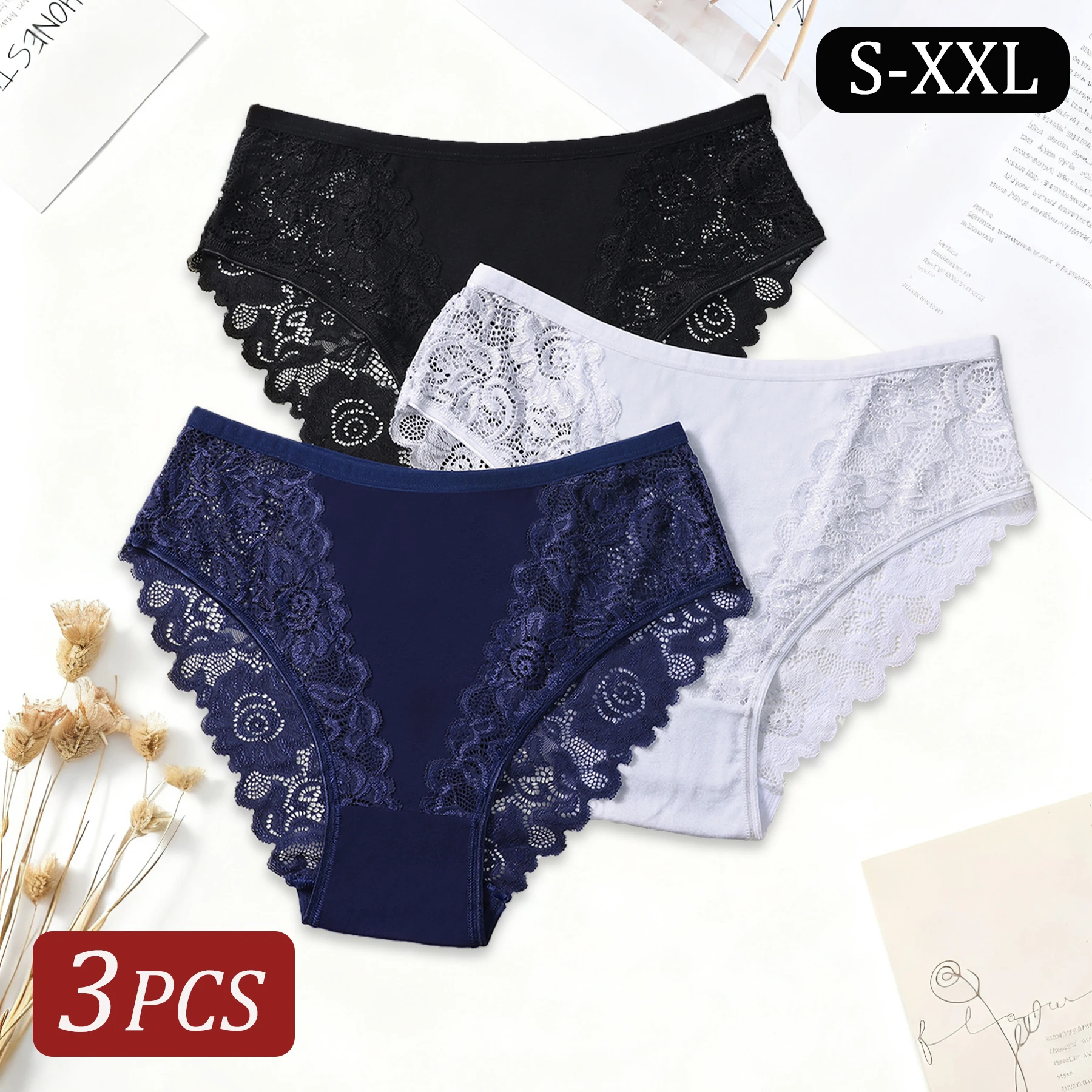 3PCS Elegant Sexy Floral Lace Cotton Patchwork Panties for Women Solid Color Comfortable Lingerie Hot Selling Underwear Ladies