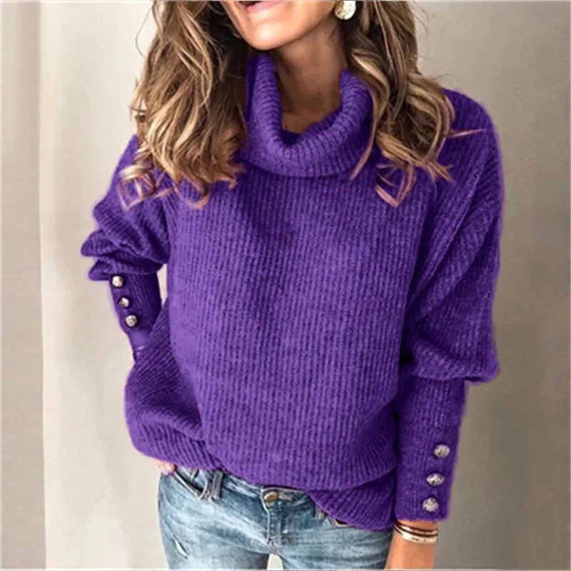 2024 Fashion Button Decoration Lantern Long Sleeve Knitwear Women Turtleneck Sweater Female Solid Color Pit Stripes Knitted Tops