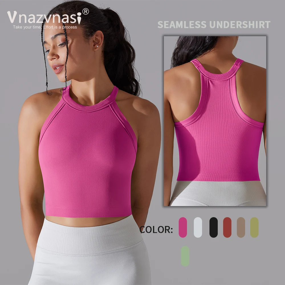 

Vnazvnasi Seamless Yoga T-shirt Ribbed Tank Top for Fitness Push Up Workout Clothes With Y-shaped Back Sportswear Woman Gym