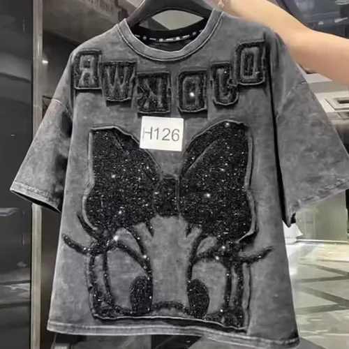 Imagen 2 del producto Camiseta de gran tamaño para mujer, ropa de estilo coreano, novedad de verano, camiseta de manga corta para mujer, Tops holgados con parche de Margarita y Pato Donald de dibujos animados, Tops rosas