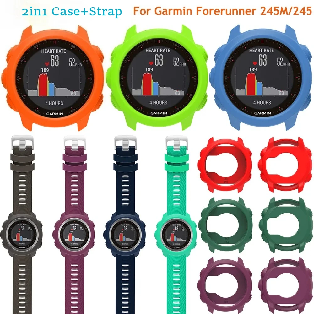 

Silicone Protective Case Cover +Strap For Garmin Forerunner 245M/245 Smartwatch Strap Protector Shell Frame Protective Cases