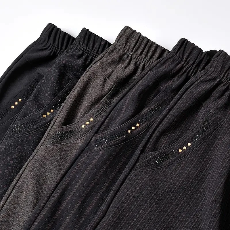 6XL Middle Age Women Straight Trousers Spring Summer Casual Elastic Waist Mother Pants Winter Thick Warm Grandma Pants