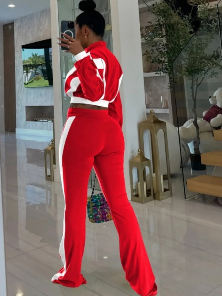 Leosoxs 2025 Autunno Donna Set da 2 pezzi Giacca corta con zip a maniche lunghe patchwork casual e pantaloni svasati Tute abbinate