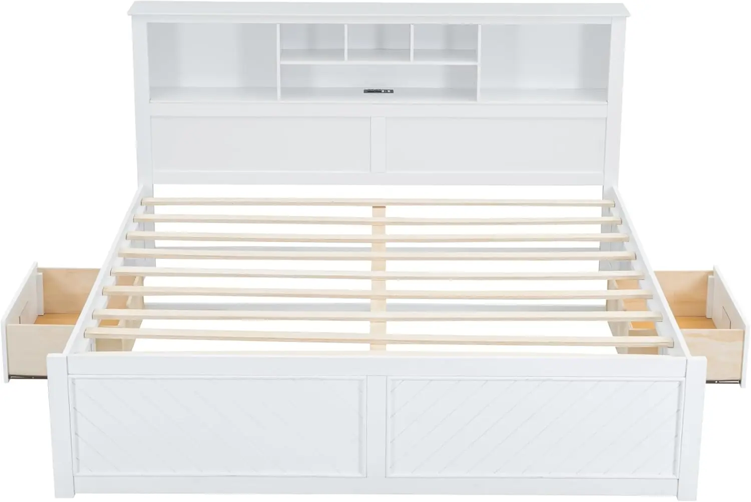 King Size Platform Bed with Bookcase Headboard and Storage Drawers, Wood King Storage Bed Frame with USB, White image 3