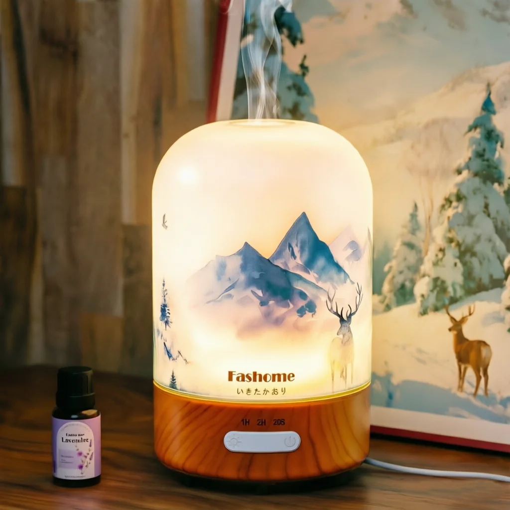 

Glass Essential Oil Diffuser, Ultrasonic Aromatherapy Diffuser Cool Mist Scent Aroma Humidifier With Snowy Mountain Printed, 100ML Capacity, Auto Shut-Off, 3 Timer, Warm Lights, With 10ml Lavender Essential Oils