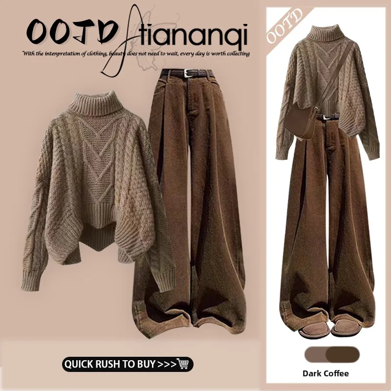 

Casual Knitted Sweater Set Women's Whole Set Leisure Ensemble Winter Faion Korean Sle Long Pants round Ne Top And Bot