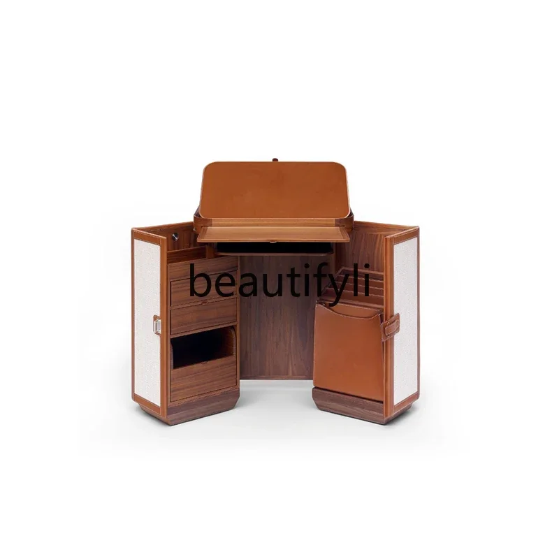 

Italian light luxury bedroom solid wood leather foldable saddle leather storage cosmetic cabinet multi-layer storage