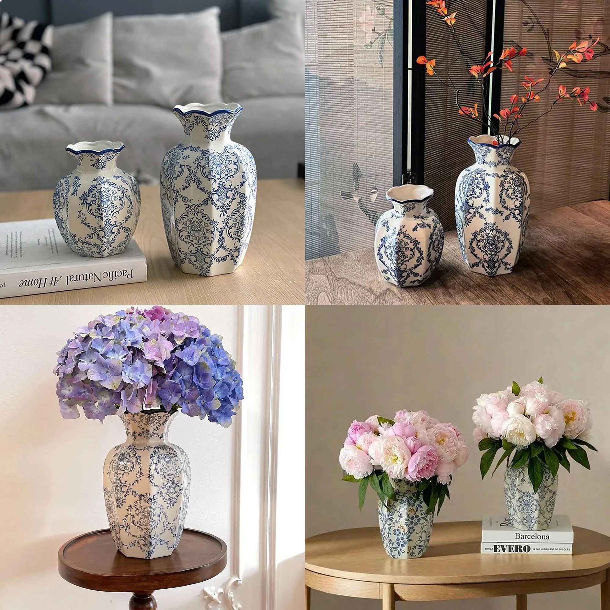 Hand-Painted Vase Blue White Porcelain Vase Elegant Home Decor Living Room Entryway Desktop Flower Arrangement Display Ornaments