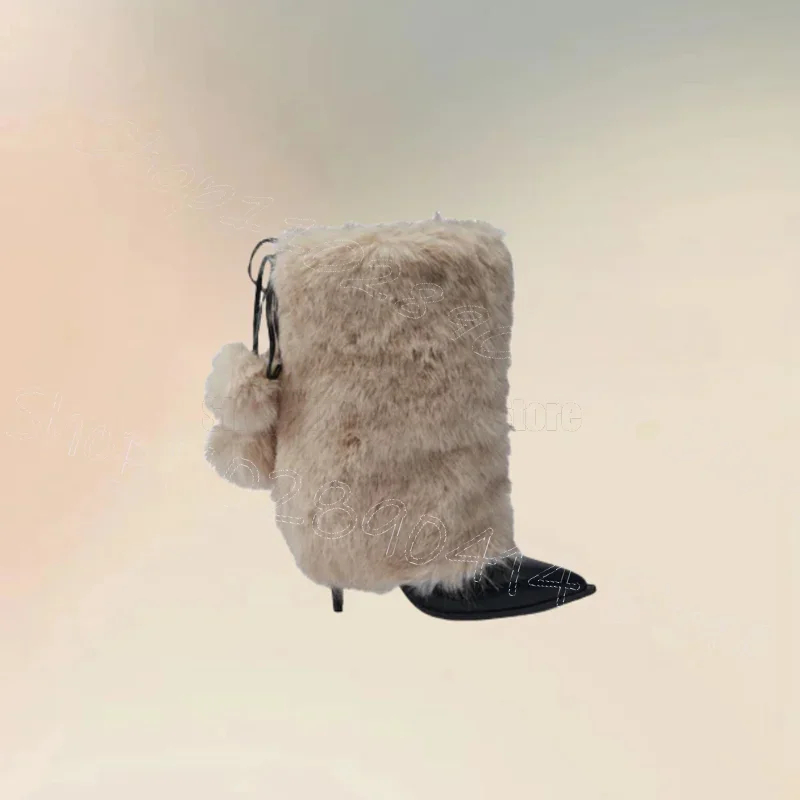

Beige Fur Ball Decor Black Pointed Toe Boots Slip On Women Shoes Thin High Heels Party Banquet Dating 2024 Zapatos Para Mujere