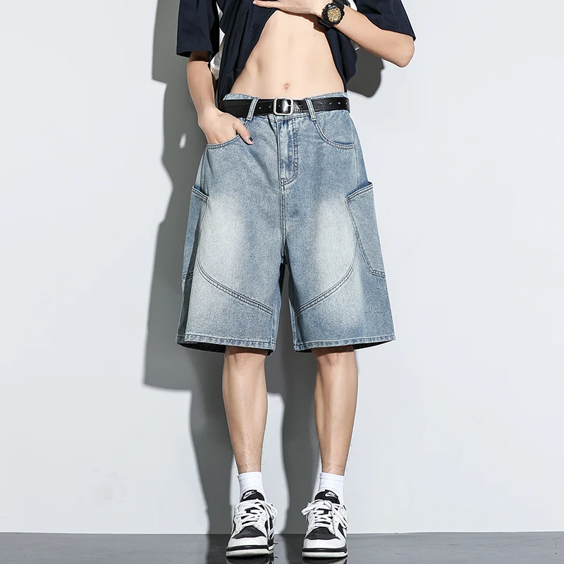Celana Pendek Denim Longgar Baru Musim Panas Jeans Harajuku Lurus Kasual Fashion Celana Pendek Serut Cuci Antik Pria Pakaian Jalanan