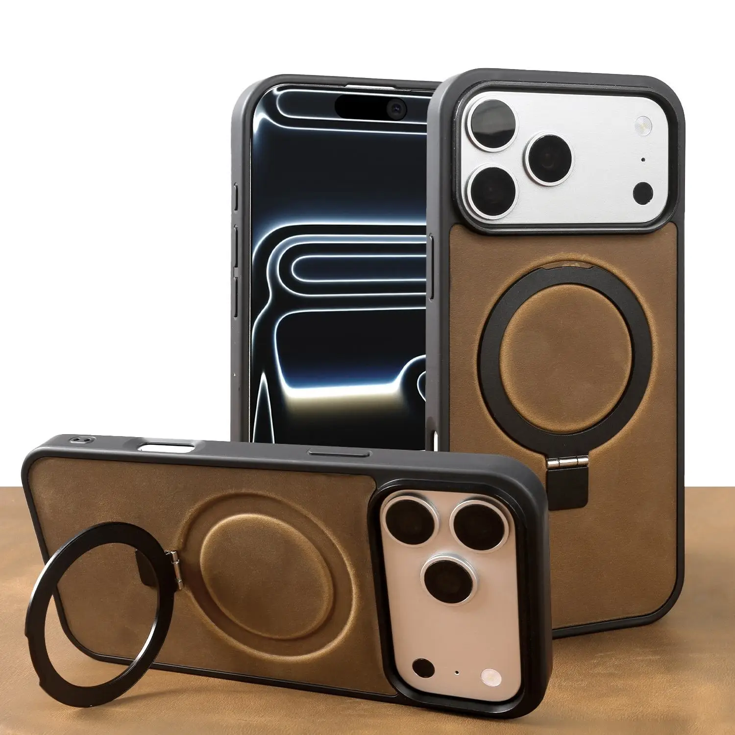 

Magnetic Rotating Bracket Genuine Leather Phone Case For iphone 17Pro Max 16 15 14 13 12 11 Wireless Charging Shockproof Cover