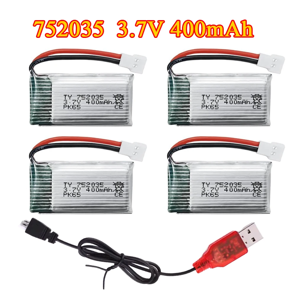 4PCS 3.7V 400mAh LiPo Battery with USB Charger for SYMA Q11 H99W H31 H6C H98 AT-96 Quadcopter Drone Spare Parts 752035 Battery