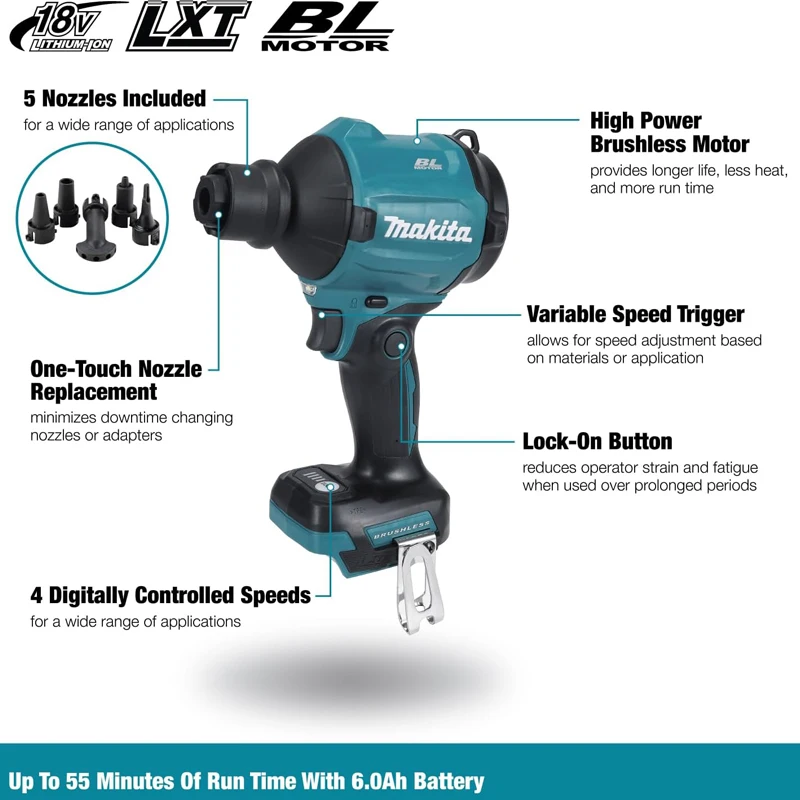 Makita DAS180 18V LXT Brushless Dust Blower Cordless Charging Dust Blowing Gun 4 Stage Electronic Speed Control Power Tool