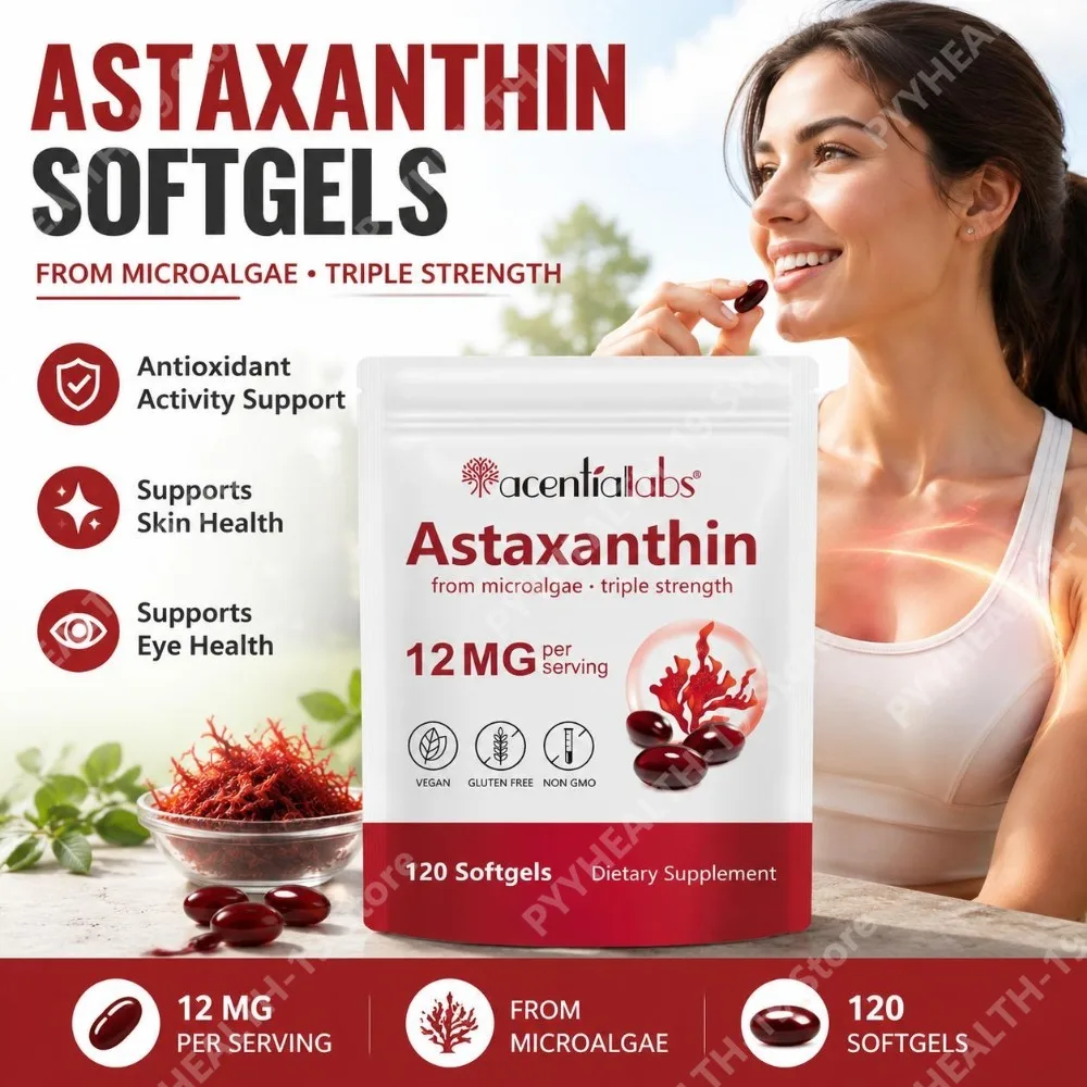 acentiallabs Astaxanthin 12mg – Triple Strength Microalgae Antioxidant Softgels for Antioxidant Activity & Skin Health 120 Ct