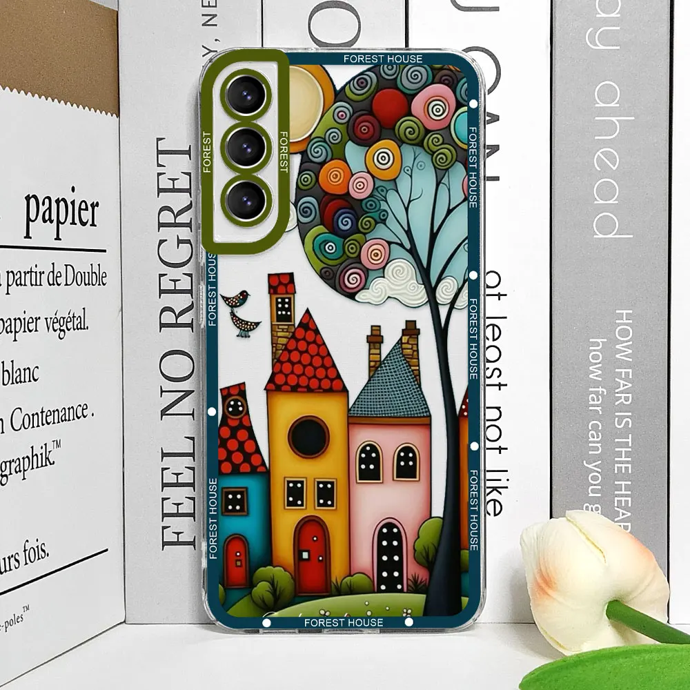 Handbemalte Waldhaus-klare Handyhülle für Samsung A55 A54 A53 A51 A70 A32 A31 A22 A13 4G 5G Soft Cover Ästhetische Kunst Fundas