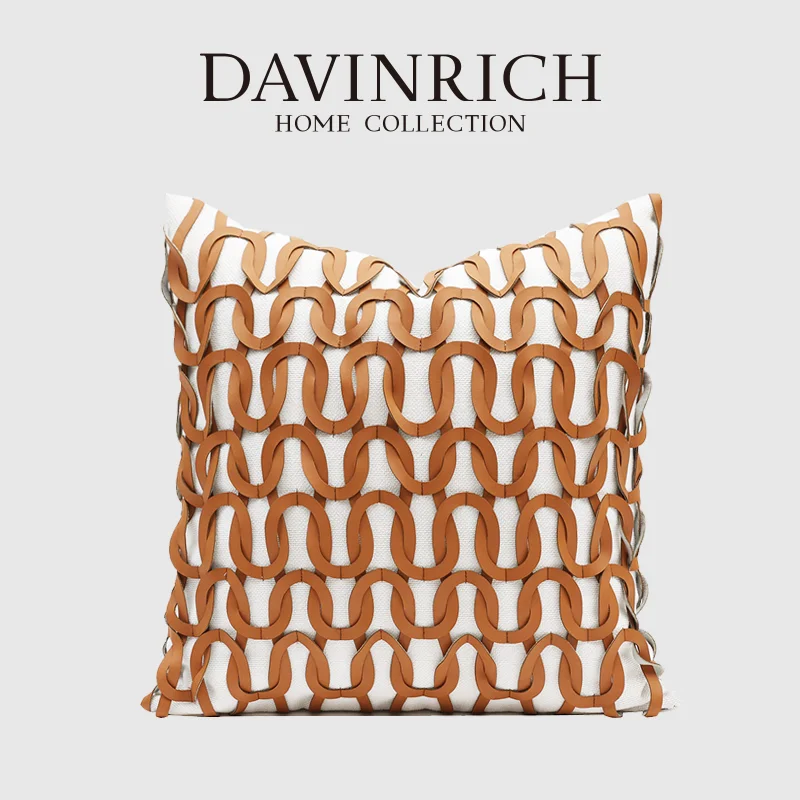 DAVINRICH  H Style Chain Geometric Art Cushion Cover High Grade Hide Leather Luxury Handmade Decorative Throw Pillowcase 45x45cm