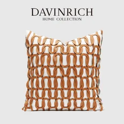 DAVINRICH H Style Chain Geometric Art Cushion Cover High Grade Hide Leather Luxury Handmade Decorative Throw Pillowcase 45x45cm