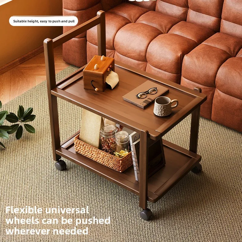Mobile pulley living room coffee table, sofa side table, vintage style small cart storage rack, simple multi-layer storage rack