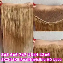 13x6 Frontal Straight 27# Honey Blonde Human Hair Colored Lace Closure 5x5 HD Lace Closure Only Melt Skins Pre-plucked For Women