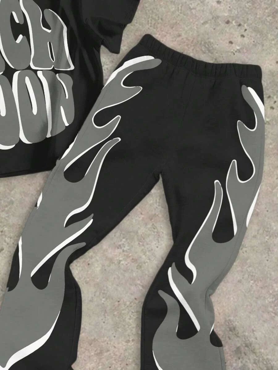 Summer Boy Cool Graphic Flame Print Pattern Crew Neck T-Shirt and Flare Pants 2 Pieces Casual Set Quick Drying Trendy Sportswear