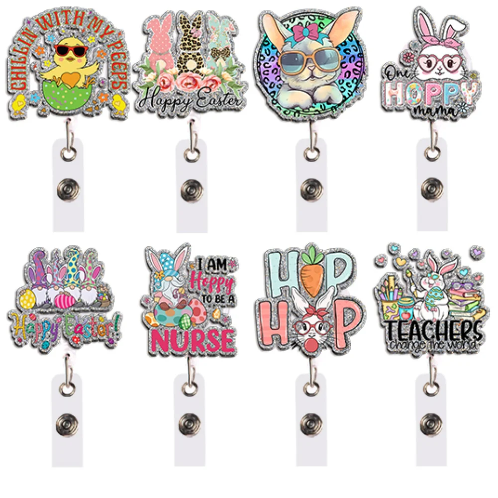 Glitter Acrylic Retractable Badge Reel Easter Rabbit Eggs ID Card Holder Lanyard Clip Office School Badge Accessories