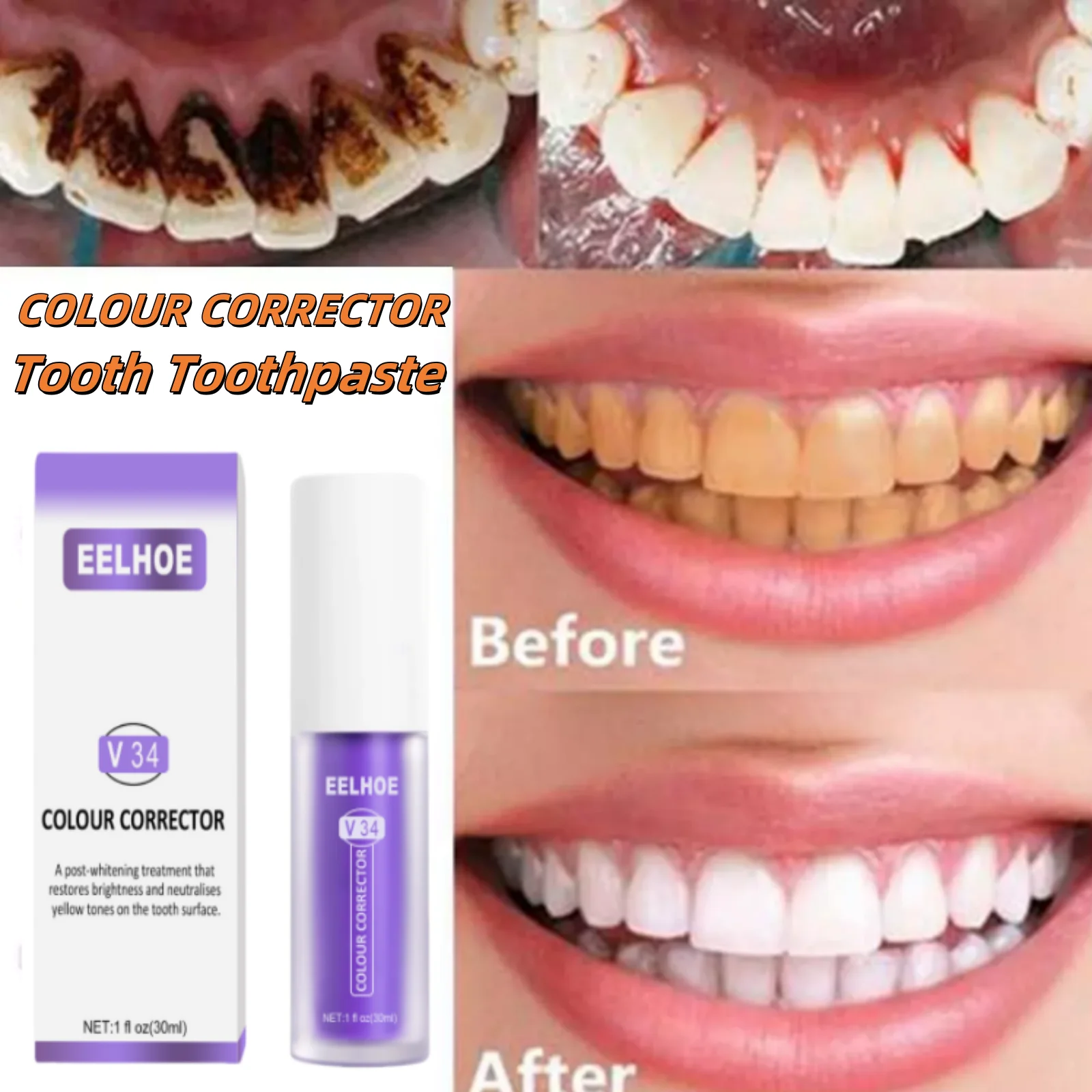 V34 Purple Toothpaste Removes Tartar Clean Oral Hygiene Fresh Breath Whitening Teeth Care Products Tooth Color Correctors 30ml