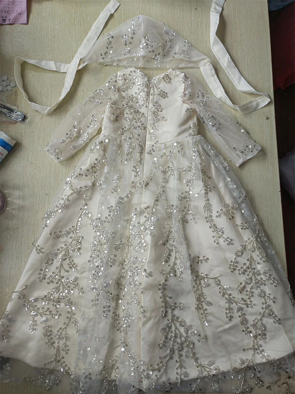 Luxury Christening Gown สําหรับเด็กเล็กแขนยาวลูกไม้ไข่มุก First Communion ชุดเด็กวัยหัดเดินทารก Baptism Gowns