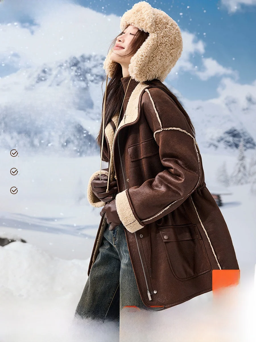 

Faux Suede Vintage Worn Winter Coat Women's Belted Faux Fur Inteated Lamb Fur Warm Commute Sle Long Sve Zipper Closure