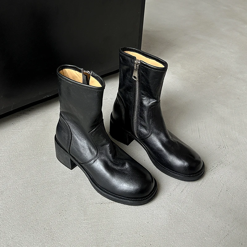 Women Boots Cowhide Leather Trendy Shoes Square Toe Chunky Heel Botas  Retro Side Zipper Ankle Boots Basic Shoes Plus Size 44