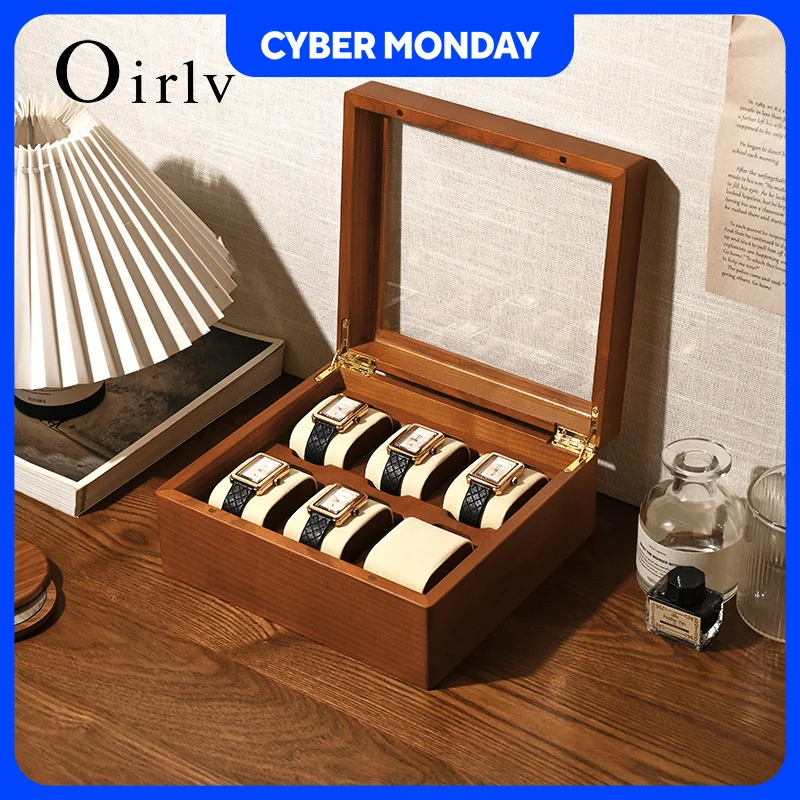 Деревянная коробка для хранения часов Oirlv, нежная пылезащитная стеклянная крышка, коробка для часов, коробка для сбора наручных часов, дисплей для хранения, коробка для часов с 6 поясами