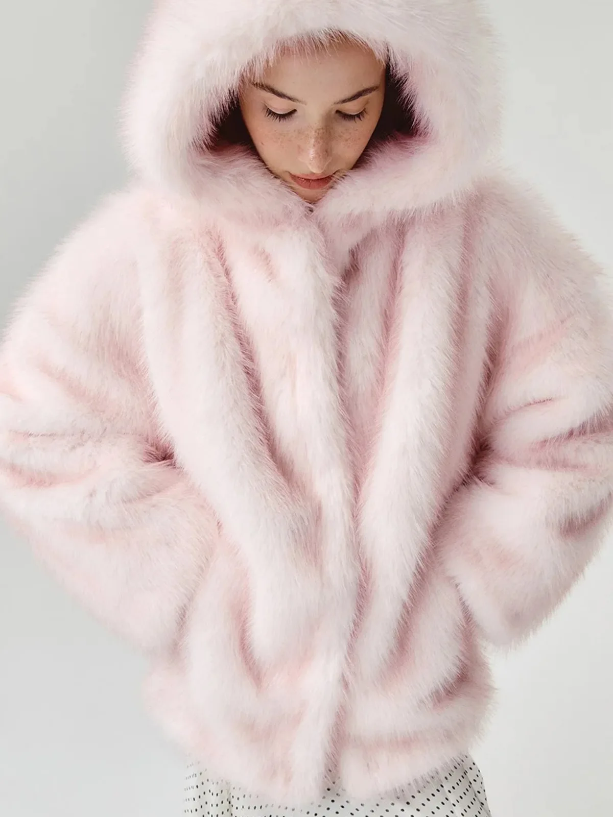 DFDG 2026 Women Hooded Faux Fur Coat Loose Plush Long Sleeve Outerwear Warm Fluffy Jacket For Winter Vacation Casual Wear Fur