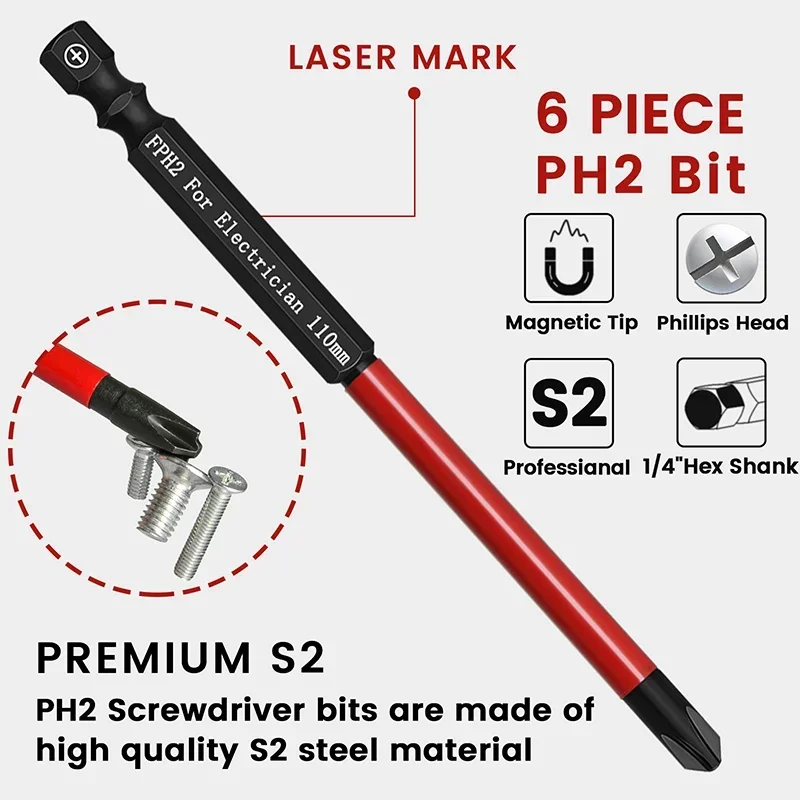 6 pezzi FPH2 punte per cacciavite da elettricista 1/4 pollici con gambo esagonale Set di cacciaviti a croce scanalati magnetici per presa interruttore