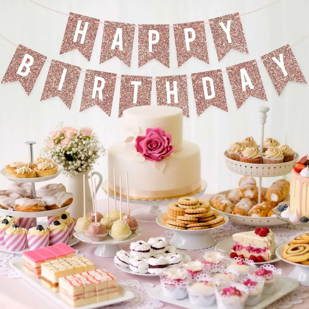 Golden Rose Gold Happy Birthday Banner Happy Birthday Party Decoration Supplies
