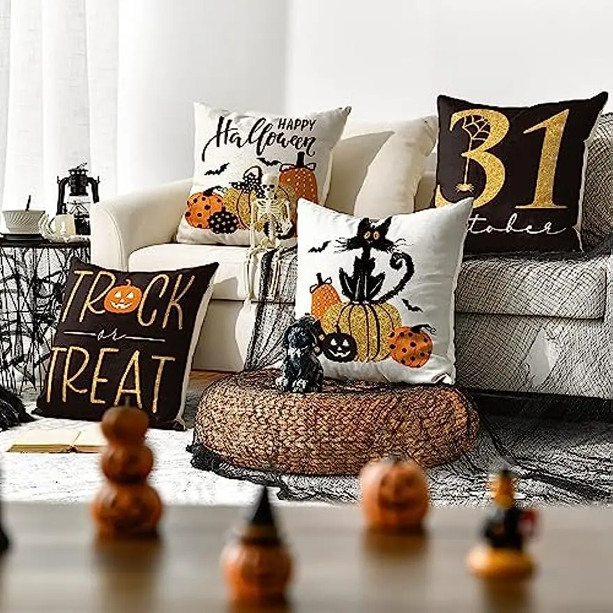 Linen Square Pillow Cover Pumpkin Cat Happy Halloween Trick Or Treat Autumn Decorative Sofa Cushion Cover Living Room