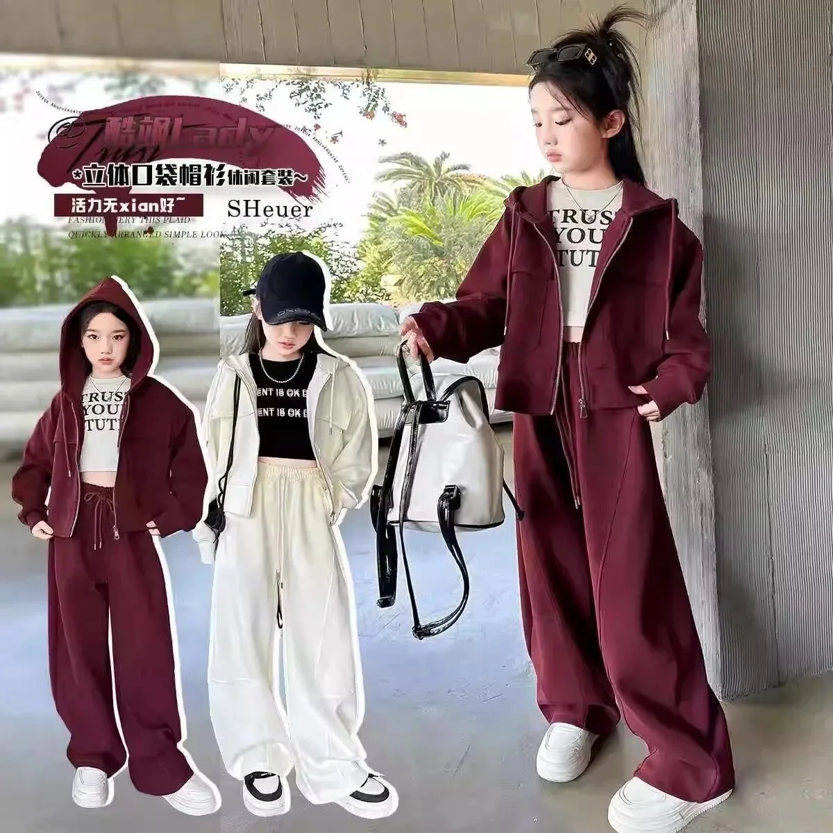

Kawaii Girl Fashion Coat Pants Set Student Autumn Casual Cartoon Zip-Up Jacket Tops Long Pants 2-Piece Set Children's Clothing