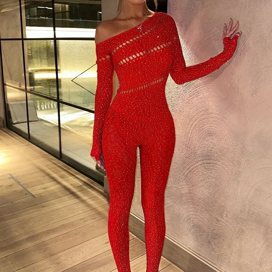 Lovermore kombinezony z odkrytymi ramionami dla kobiet świecące, rozciągliwe bodycon z długim rękawem pajacyki na imprezę podstawowe seksowne kombinezony — zdjęcie 3