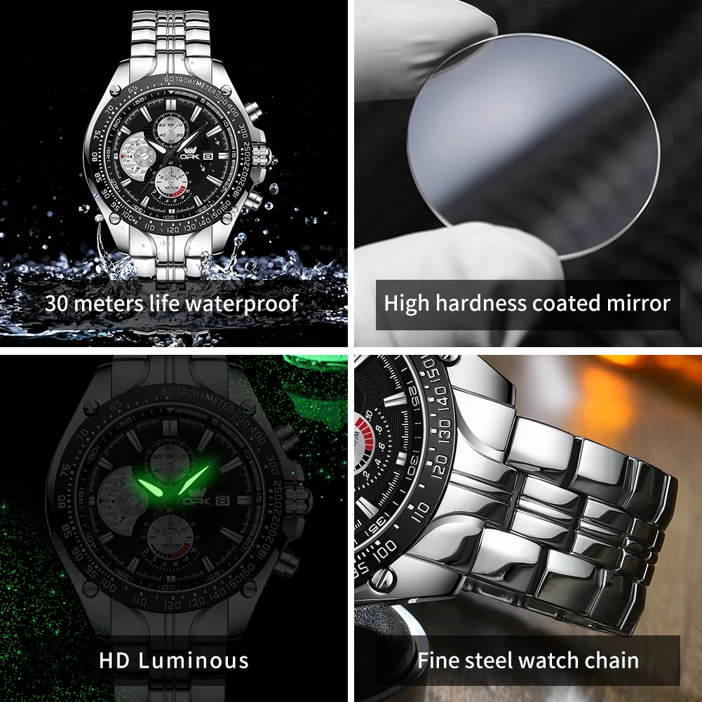 OPK Mens Watches Brand Stainless steel Men's Wristwatch Waterproof Luminous Calendar Three small dials Quartz Watch Reloj Hombre