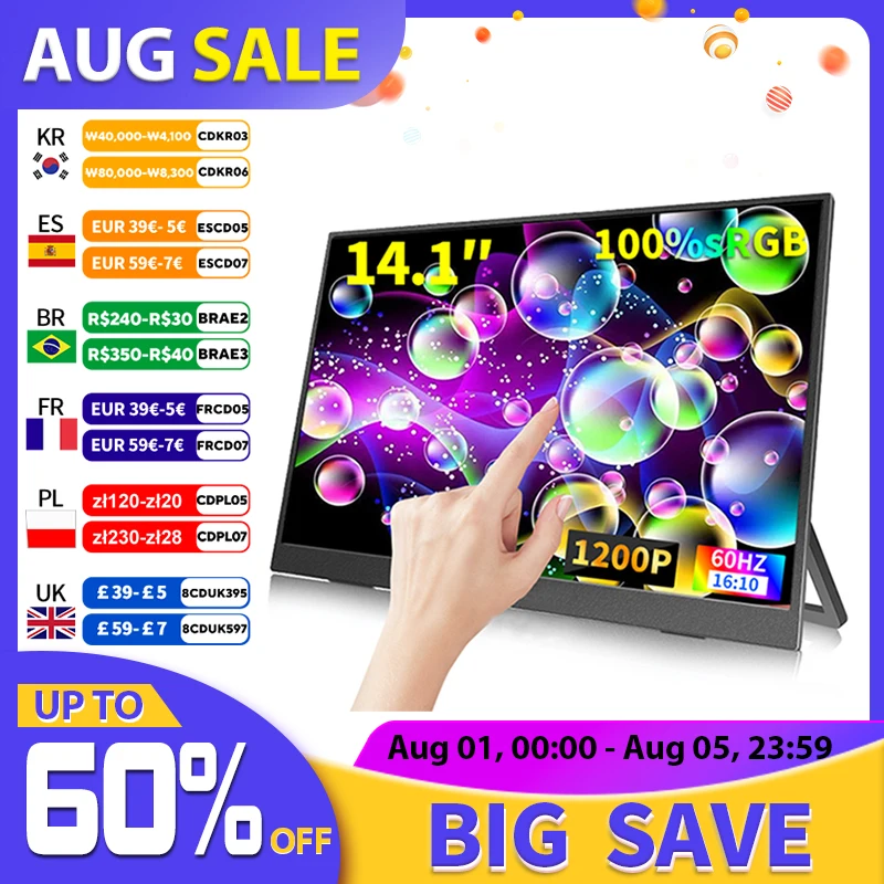 Moniteur Portable  cran tactile de 14.1 pouces, 100% sRGB, 400cd/m2, pour ordinateur de jeu, affichage extensible pour XBox PS4/5 Switch Loptop